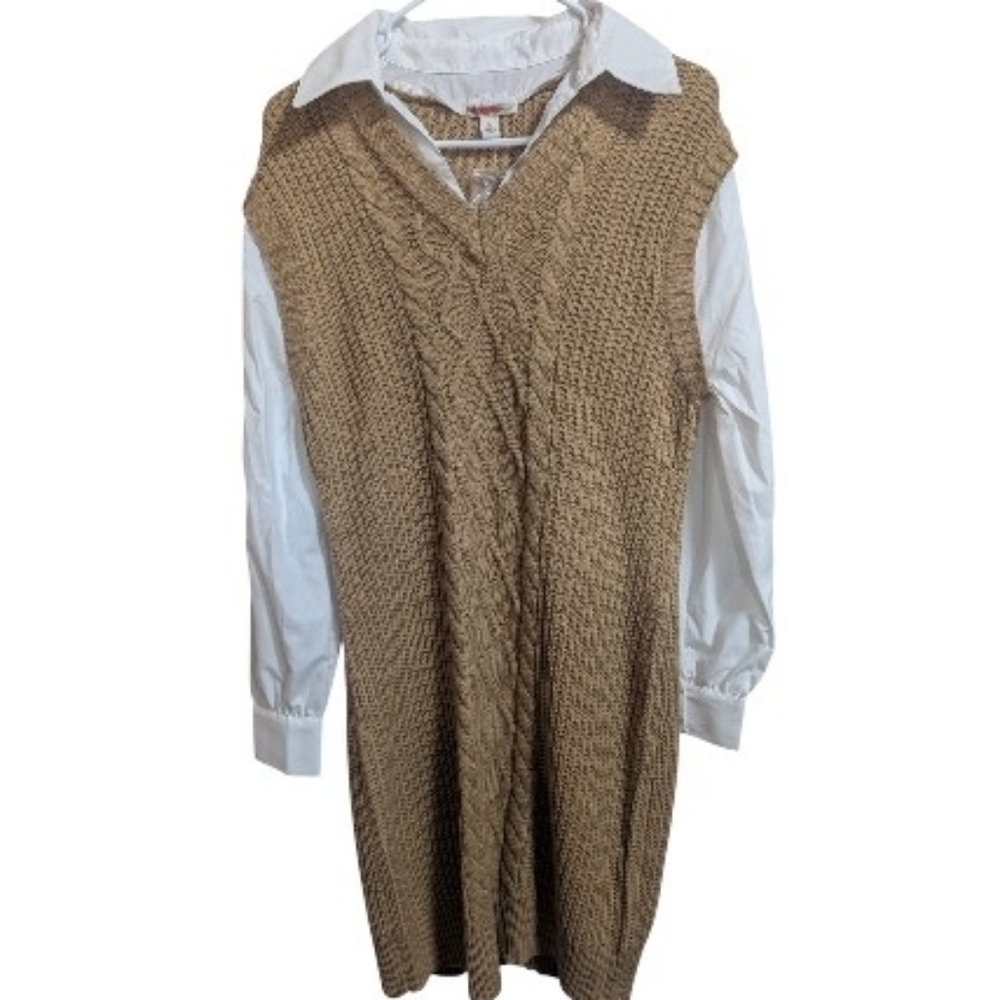 Cato Women's Sweater Dress sz Medium Camel Knit Cable VNeck Undershirt NEW W-533